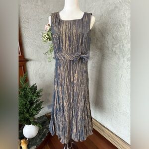 Cachet Navy and Gold Textured Midi Dress with Waist Tie